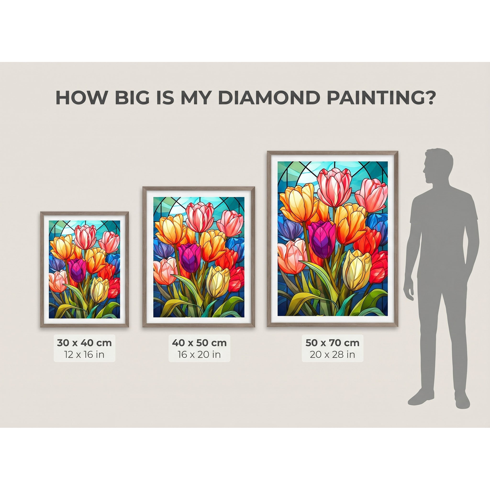 Tulip diamond painting size comparison 30x40, 40x50, 50x70 cm