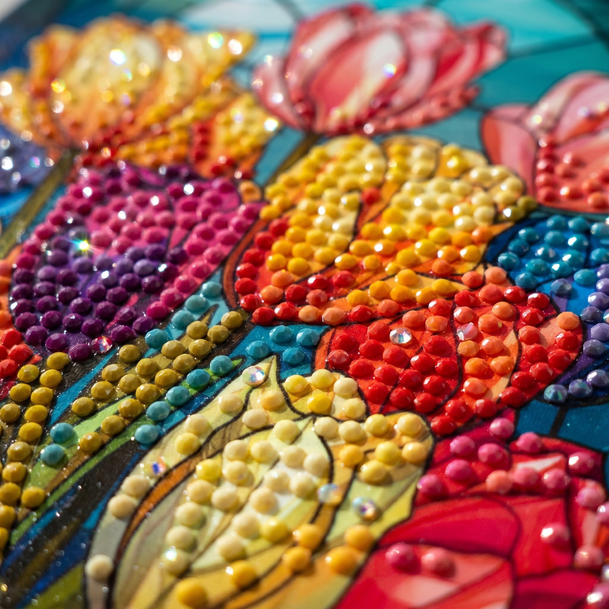 Close-up of finished tulip diamond painting showing sparkling round AB diamonds