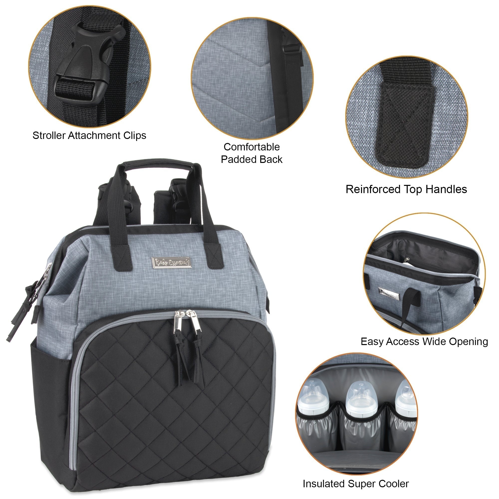 Diaper Bag Backpack Baby Essentials Changing Pad Quilted Grey Black - Image 2