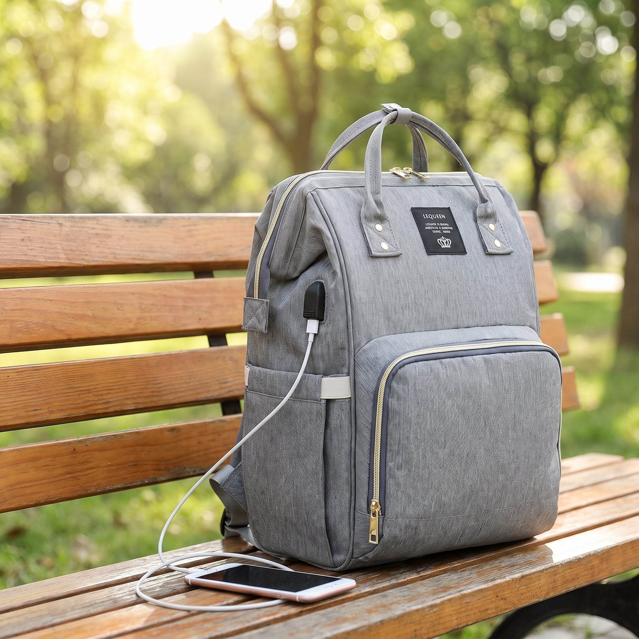 Convertible Diaper Bag Backpack Heathered Grey, Pink, Or Black - in-use