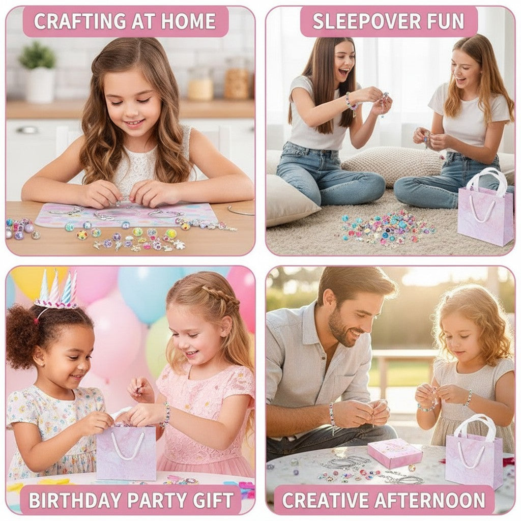 crystal bracelet making kit shown in multiple settings