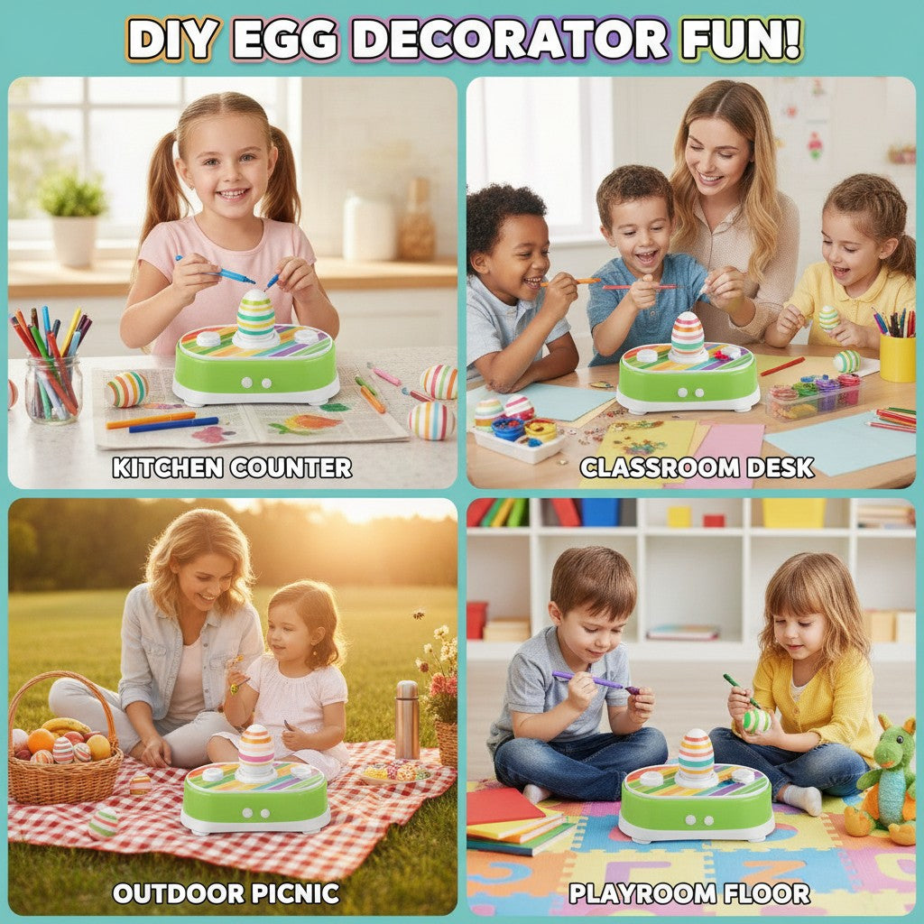 egg decorating spinner shown in multiple settings