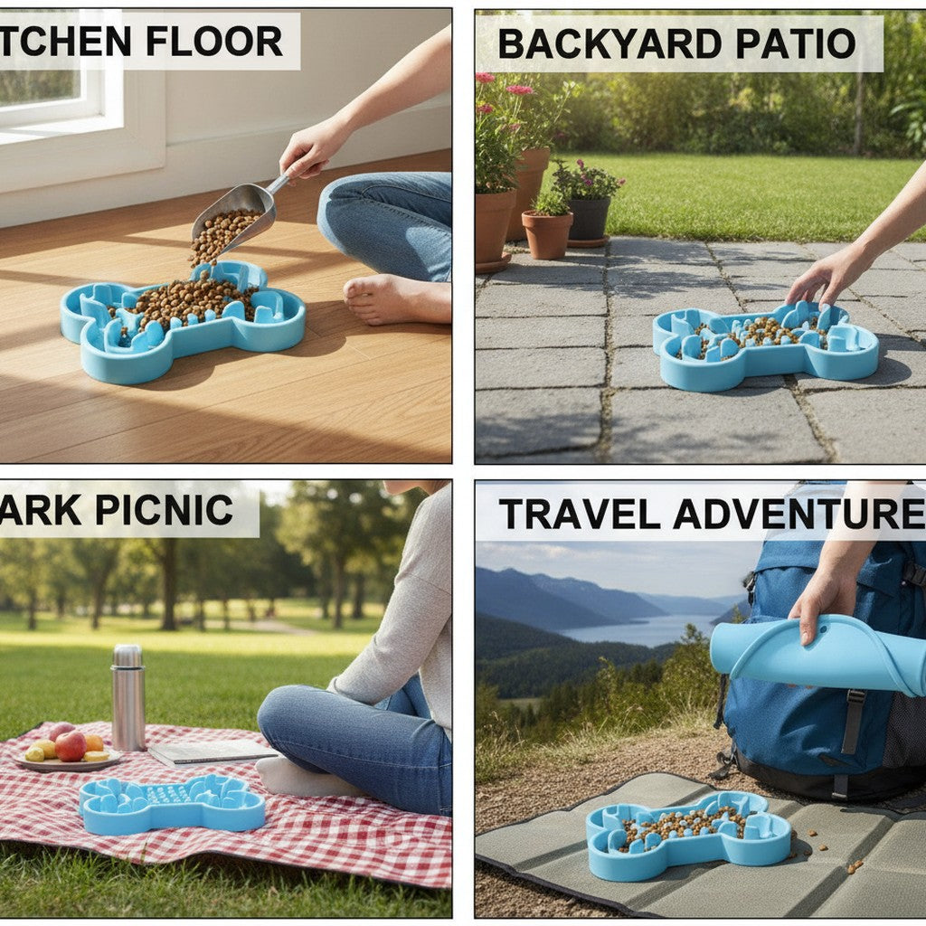 slow feeder dog bowl shown in multiple settings