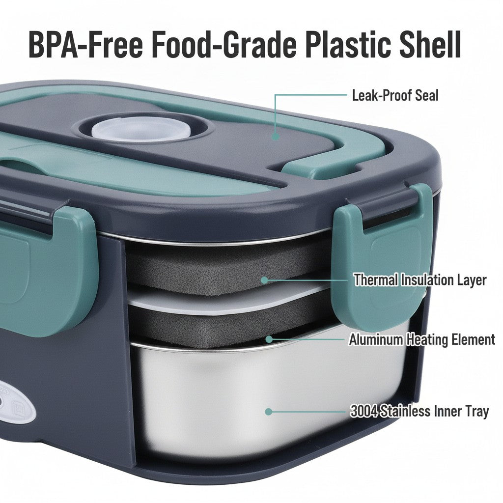 electric heated lunch box close-up construction and materials