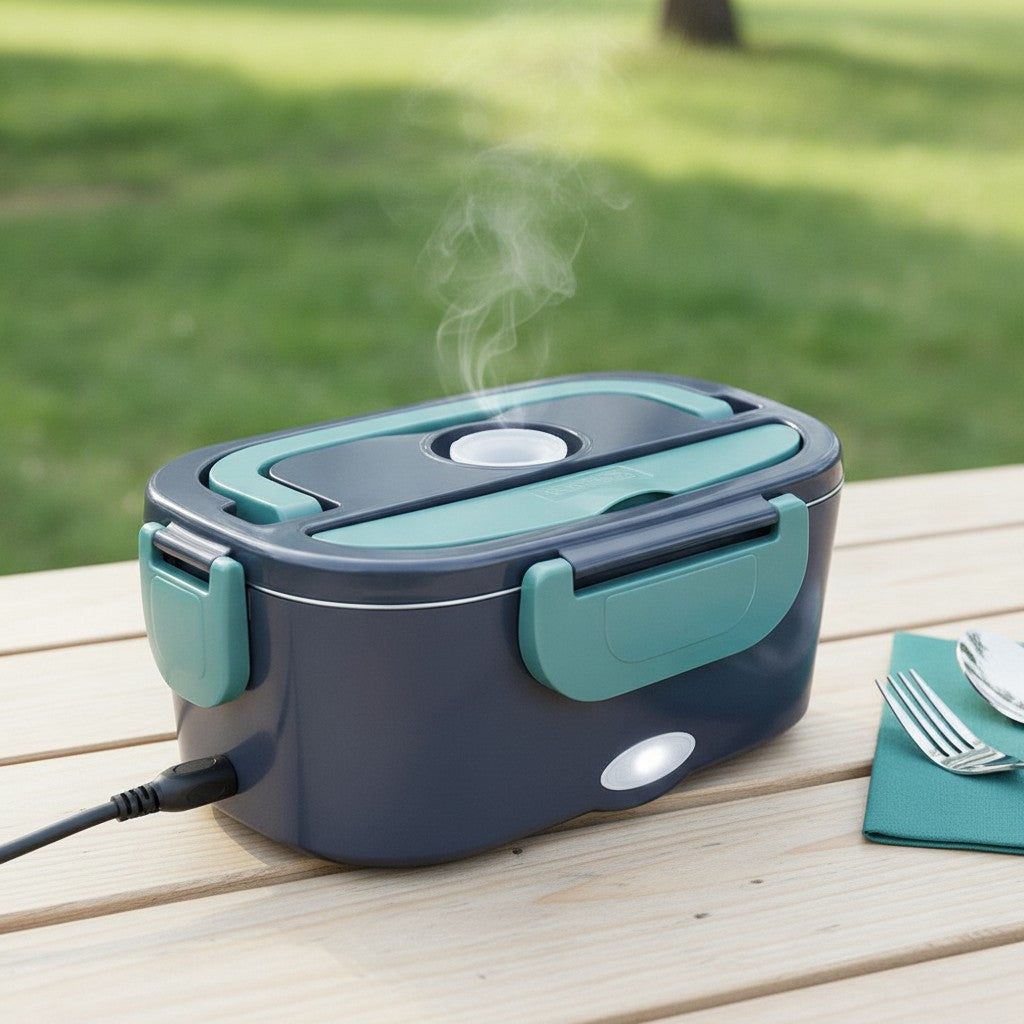 electric heated lunch box in use, lifestyle scene