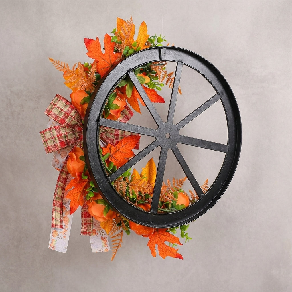 Thanksgiving Decorations Front Door Fall Wreath Autumn Wagon Wheel Bow - angle