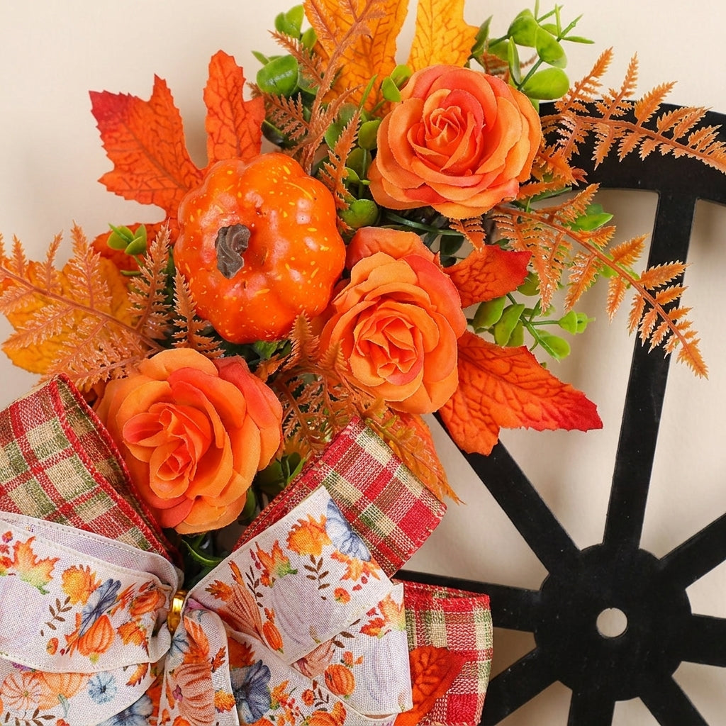 Thanksgiving Decorations Front Door Fall Wreath Autumn Wagon Wheel Bow - detail