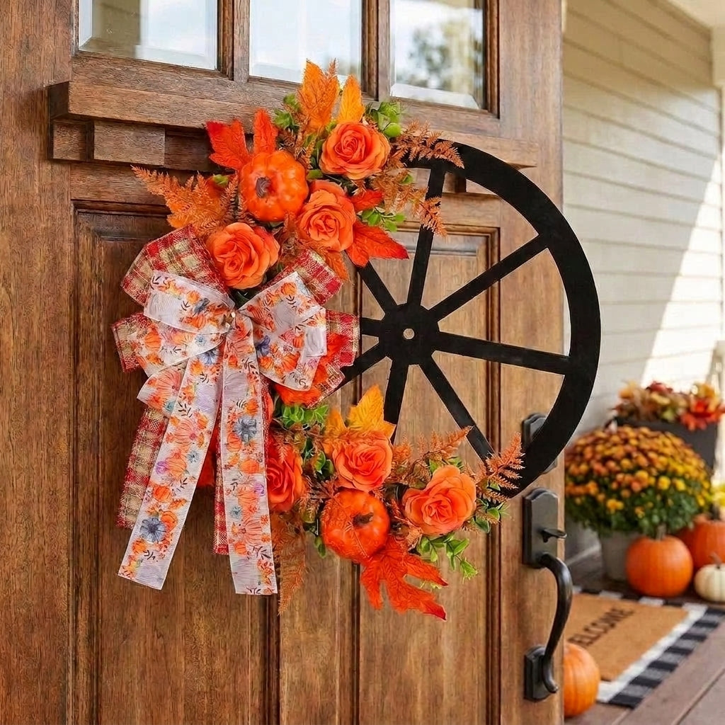 Thanksgiving Decorations Front Door Fall Wreath Autumn Wagon Wheel Bow - Image 6