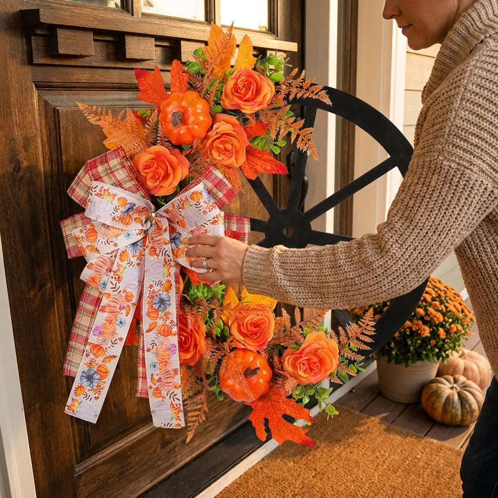 Thanksgiving Decorations Front Door Fall Wreath Autumn Wagon Wheel Bow - in-use