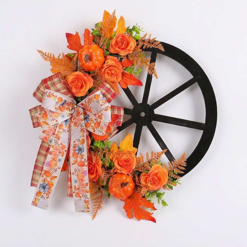 Thanksgiving Decorations Front Door Fall Wreath Autumn Wagon Wheel Bow - studio