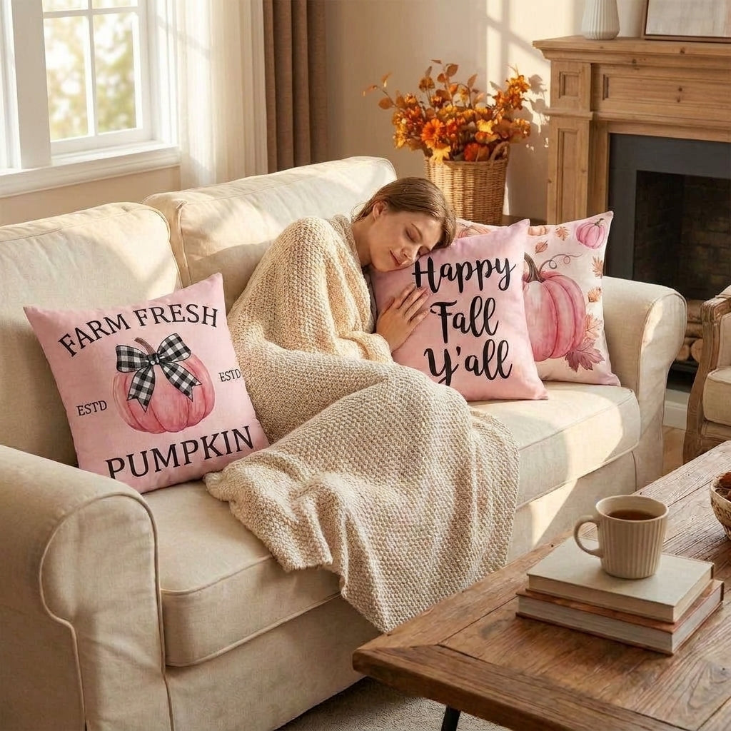 Fall Decor Decor Pillow Covers Sofa Cushion Covers Pink Pumpkin Linen - hero