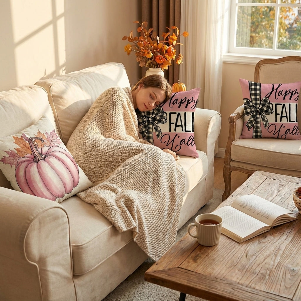 Fall Decor Decor Pillow Covers Sofa Cushion Covers Pink Pumpkin Linen - in-use