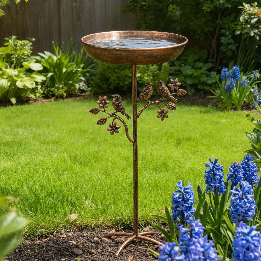 garden bird bath in use, lifestyle scene
