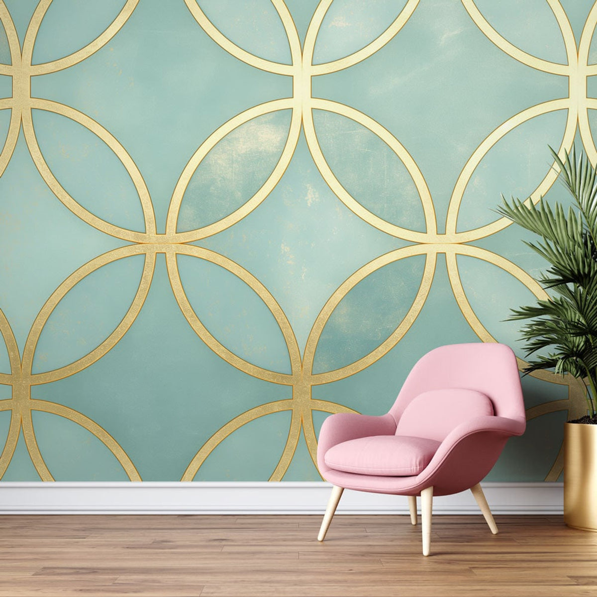 Geometric Mural Wallpaper With Art Deco Gold Circles On Mint Green - Image 1