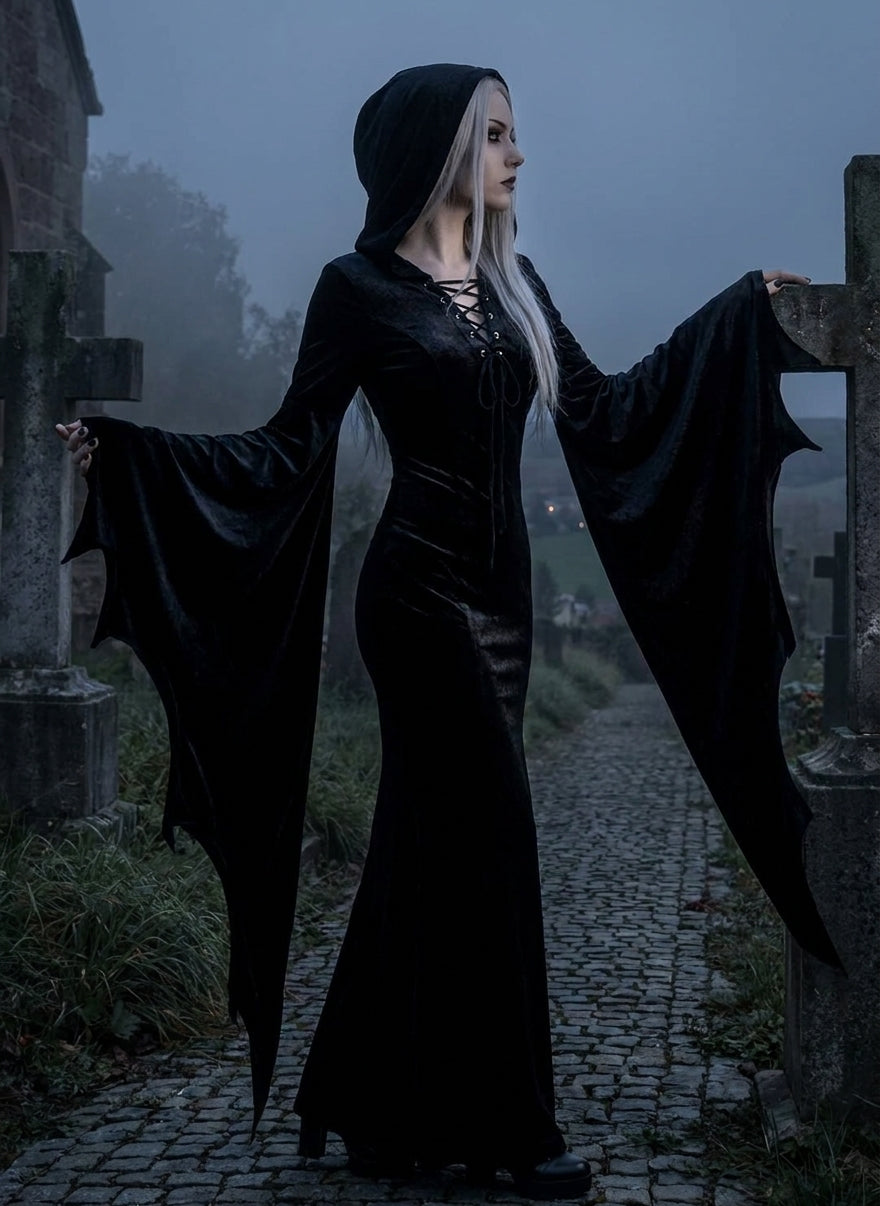 Halloween Costume Gothic Party Dress Women Mini Bell Sleeve - in-use