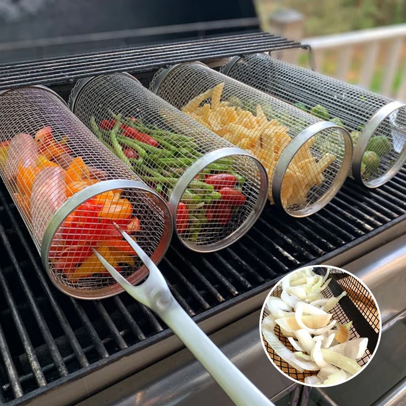 Grill Basket for Vegetables Stainless Steel Grilling Mesh Cylinder - Image 1