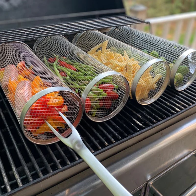 Grill Basket for Vegetables Stainless Steel Grilling Mesh Cylinder - Image 3
