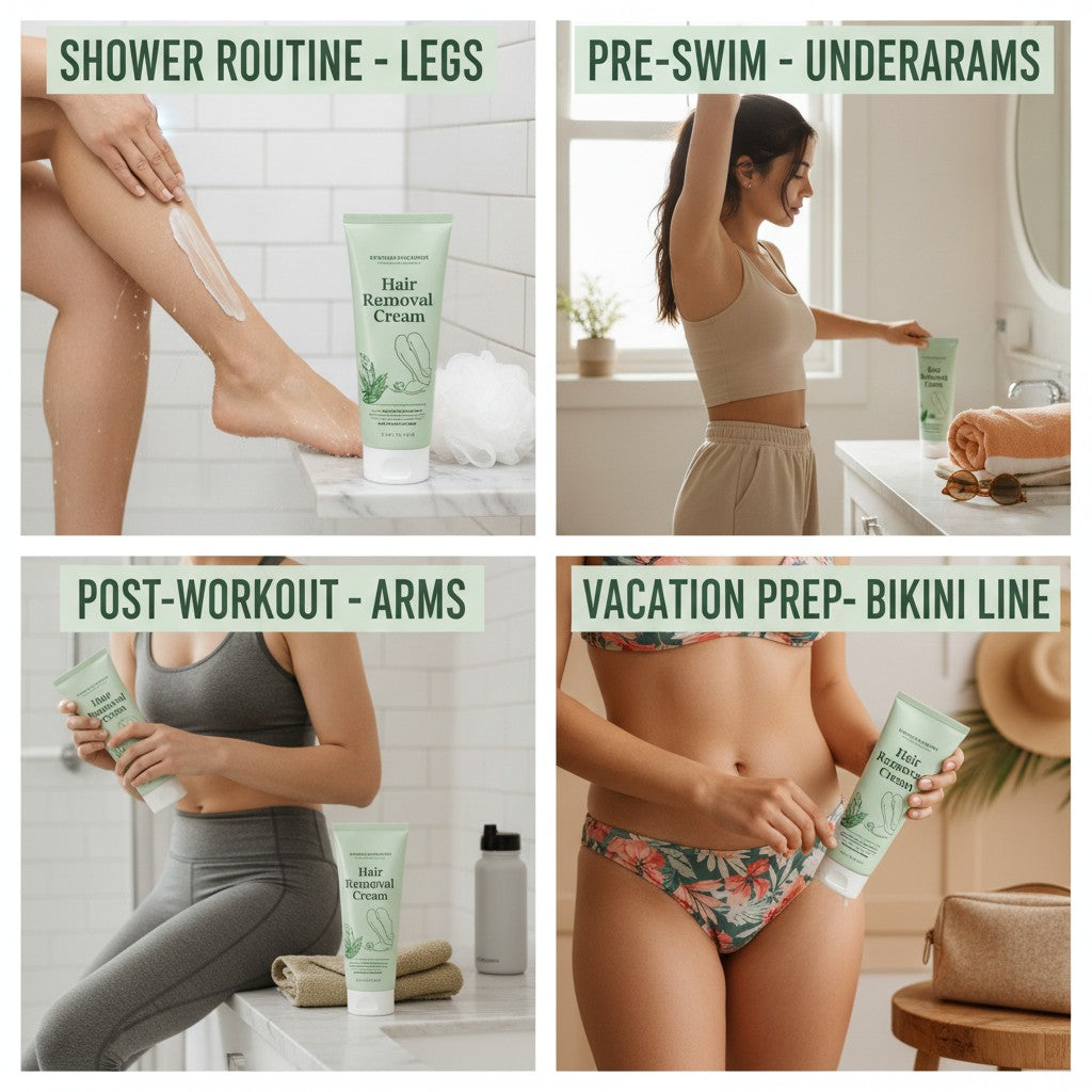hair removal cream shown in multiple settings