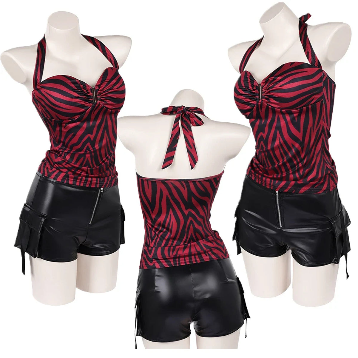 Halloween Costume With Zebra-Print Halter And Faux Leather Shorts - Image 3