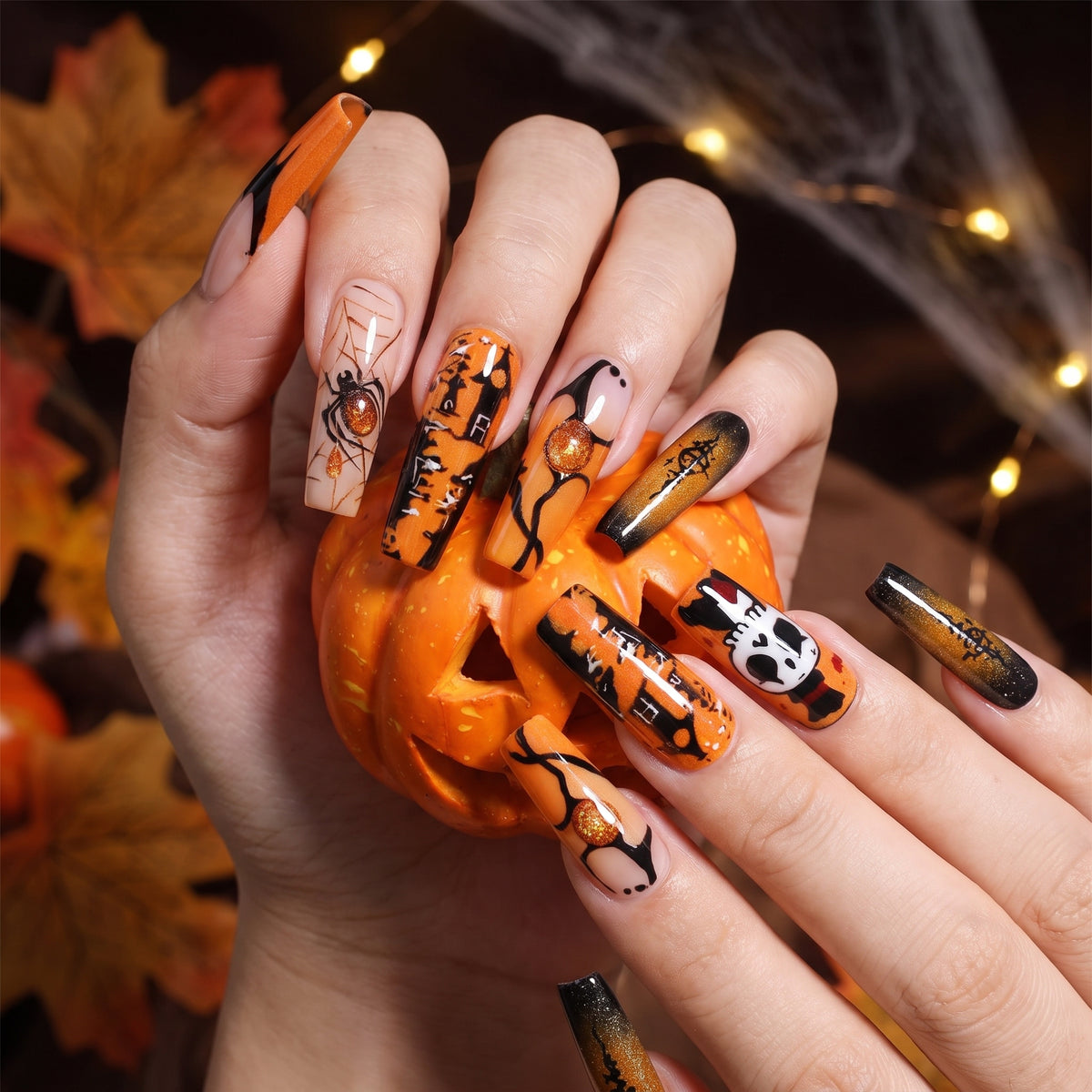 Halloween Press On Nails Coffin Shaped Fake With Spiders Bats Skulls And Haunted House Designs - hero