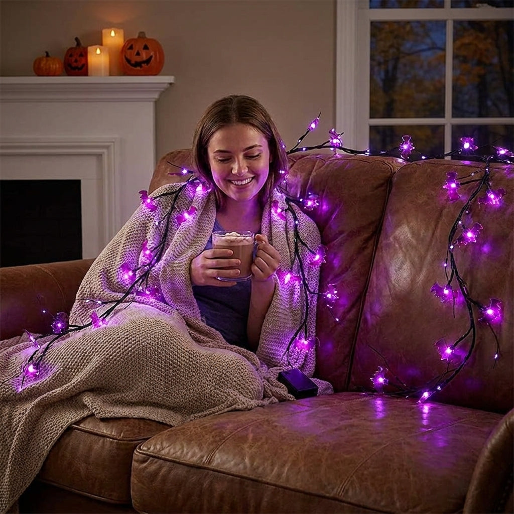 Halloween Vine String Lights LED Black Twigs Bat Decorations - in-use
