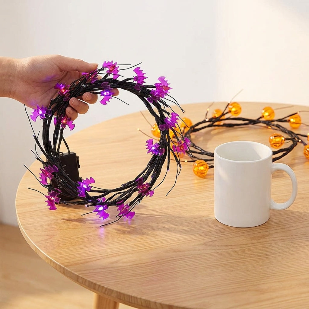 Halloween Vine String Lights LED Black Twigs Bat Decorations - scale