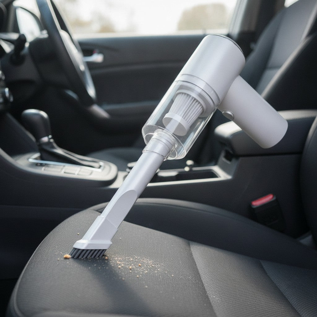 handheld car vacuum in use, lifestyle scene