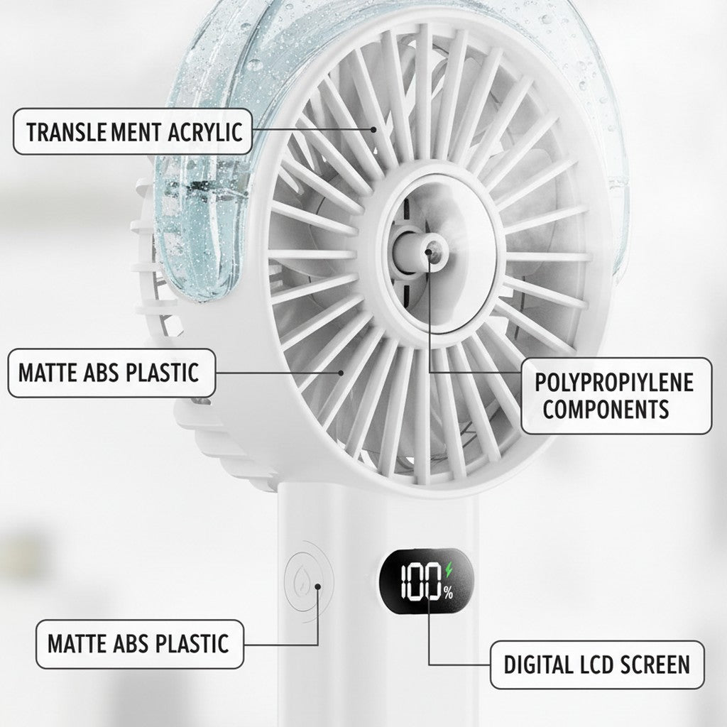 handheld misting fan close-up construction and materials