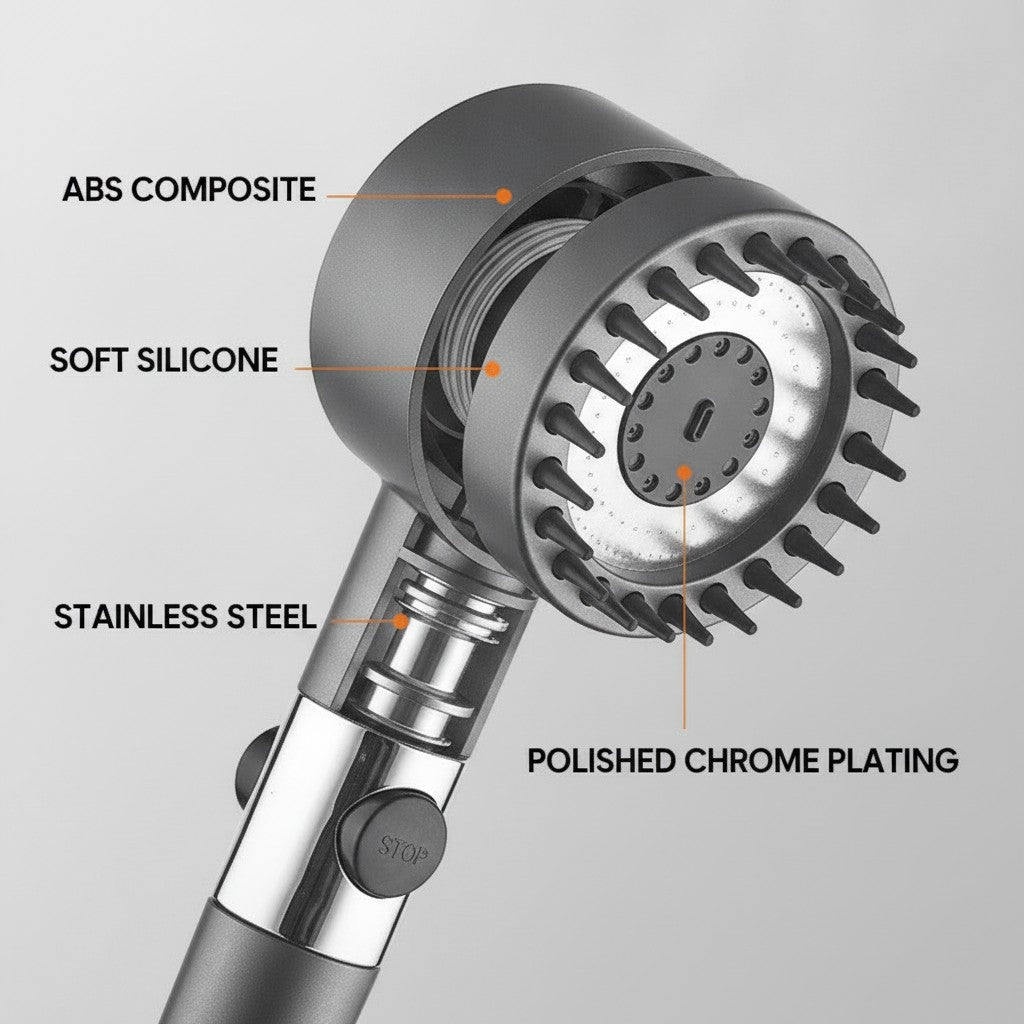 handheld shower head close-up construction and materials