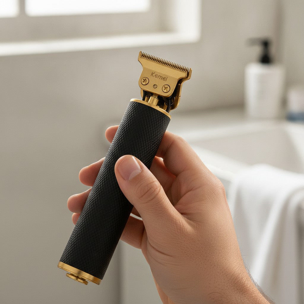 cordless hair trimmer in use, lifestyle scene