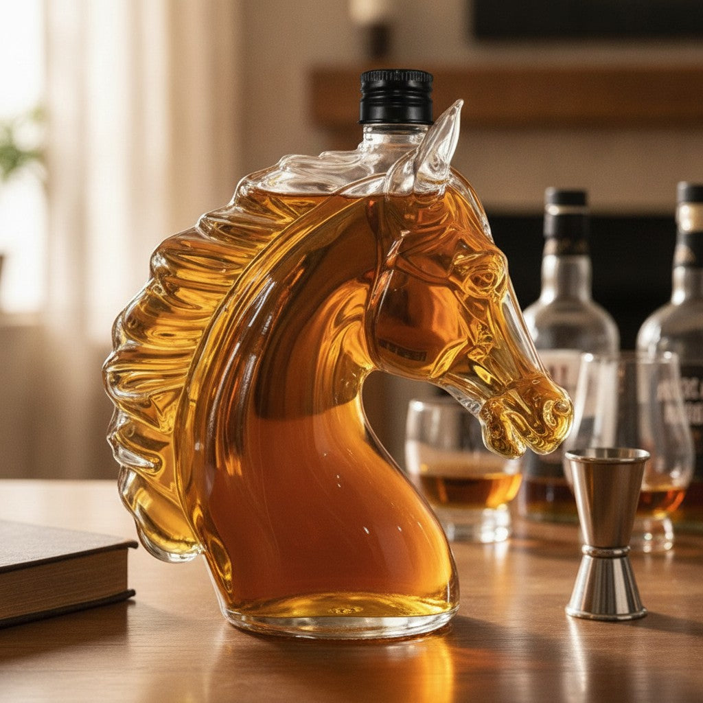 horse head glass decanter in use, lifestyle scene