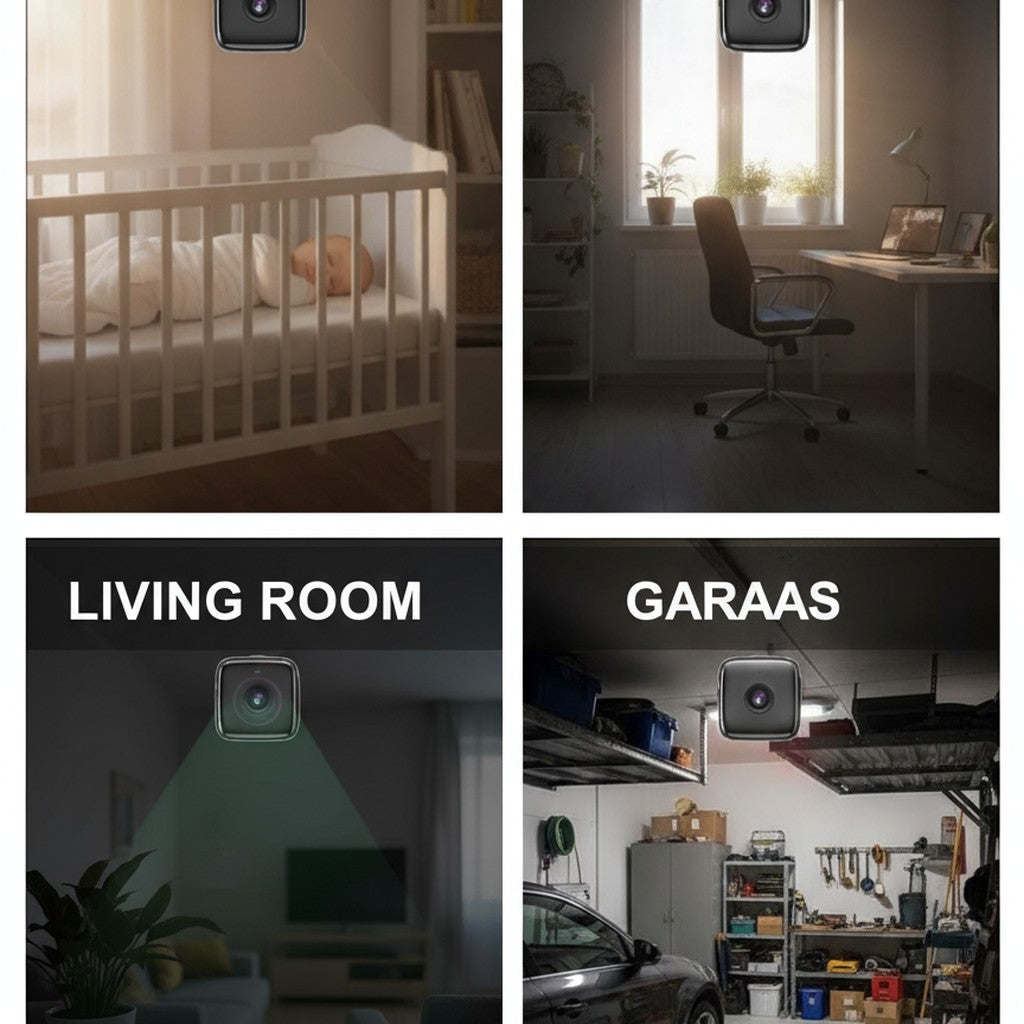 mini security camera shown in multiple settings