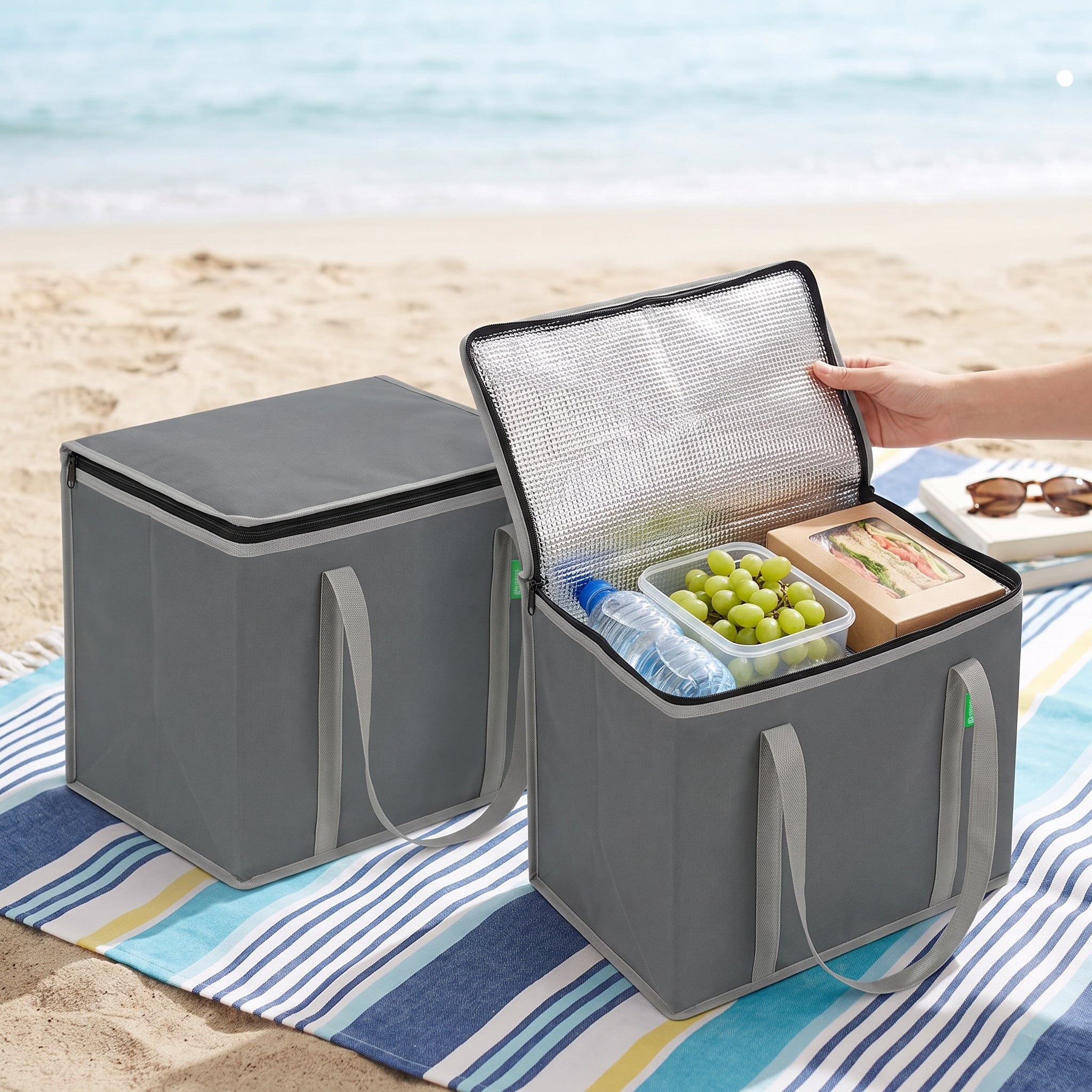 Shopping Bag Cooler Insulated Set Gray Foldable Food - in-use