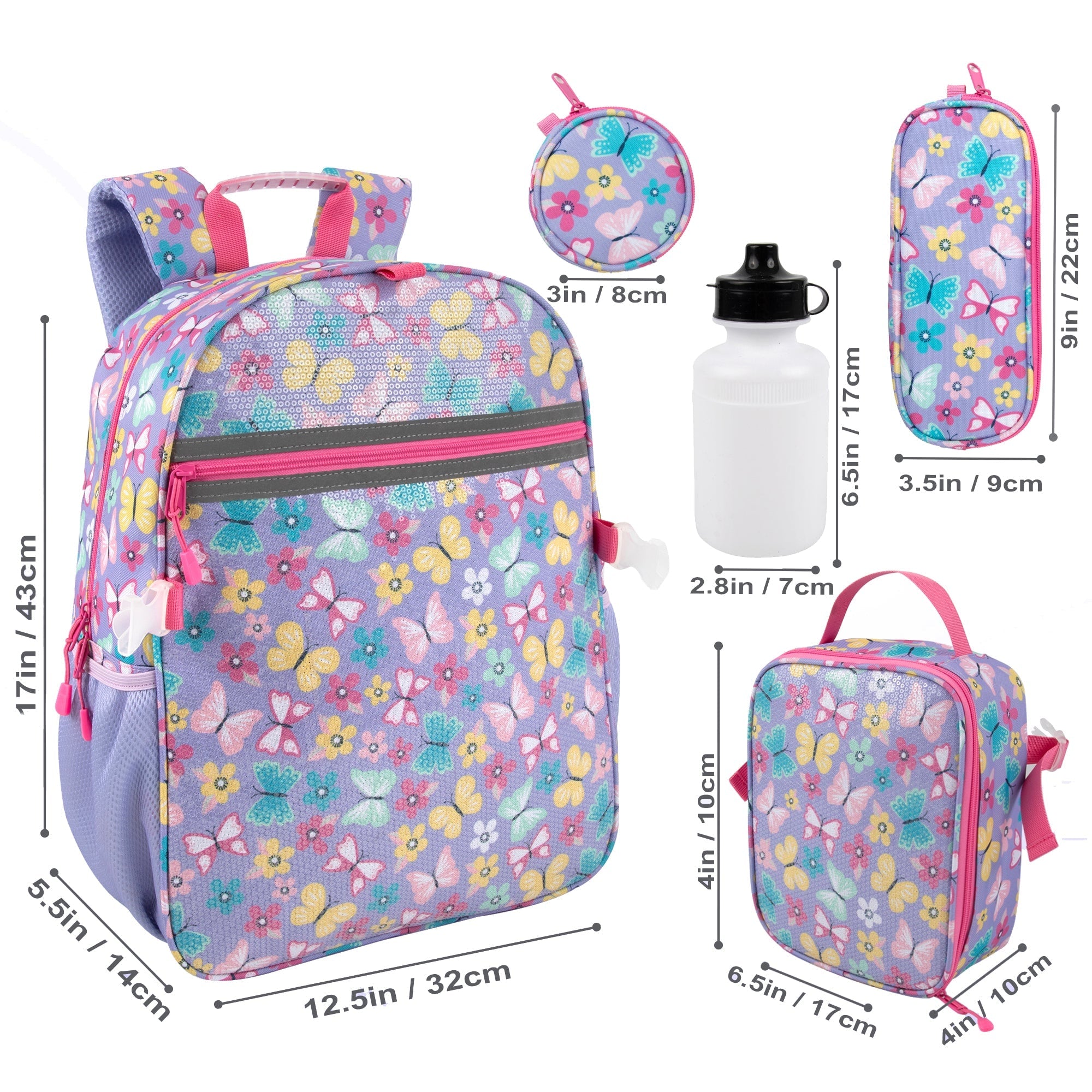 Kids Backpack Girls with Lunch Bag Purple Butterfly Set - Image 2