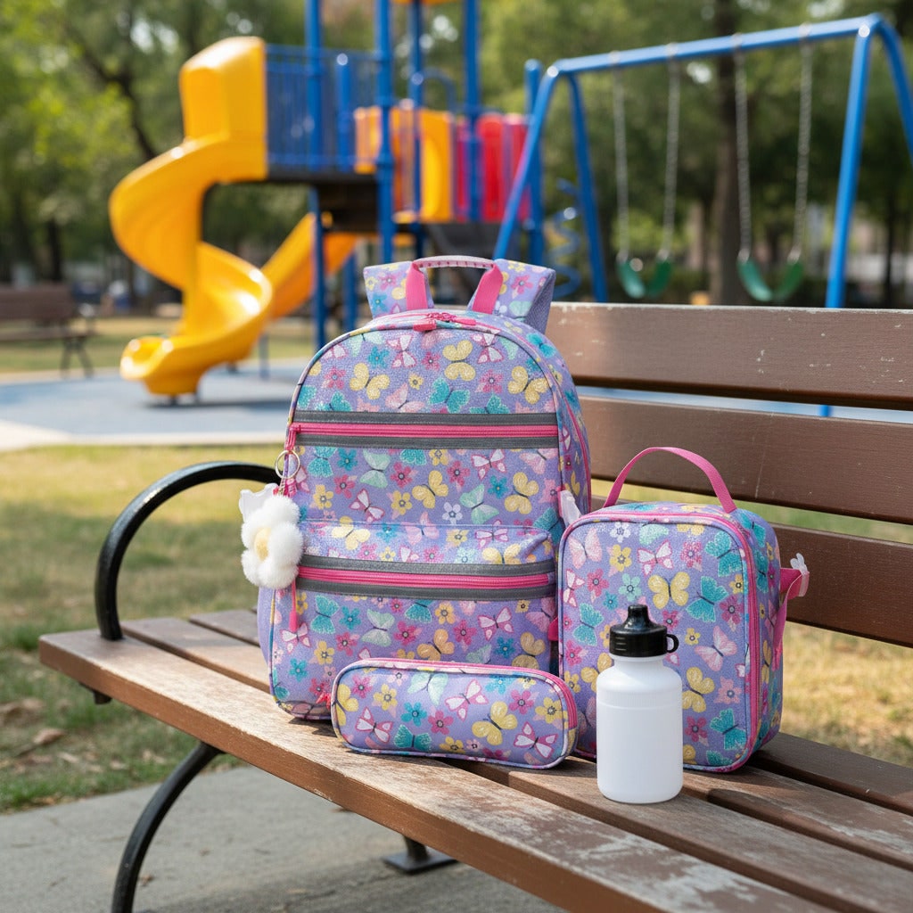 Kids Backpack Girls with Lunch Bag Purple Butterfly Set - Image 3