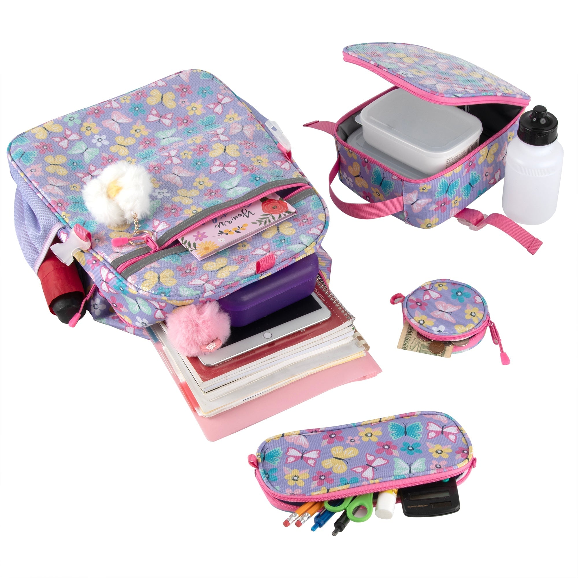 Kids Backpack Girls with Lunch Bag Purple Butterfly Set - Image 6