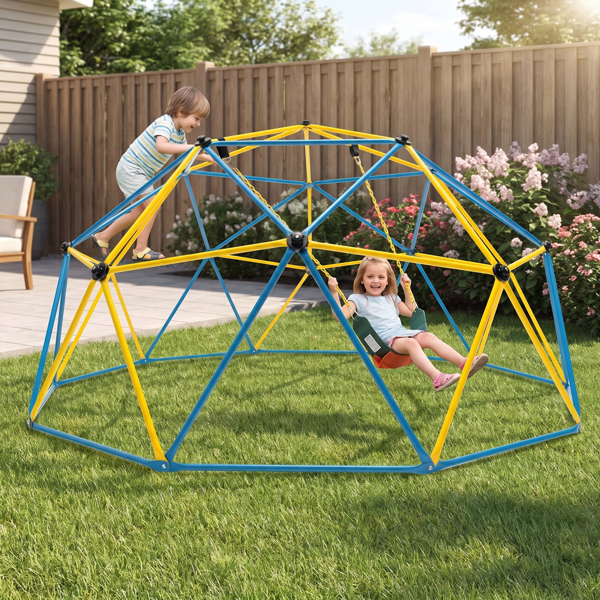 Geometric Dome Climber Climbing Backyard Jungle Gym Swing - in-use