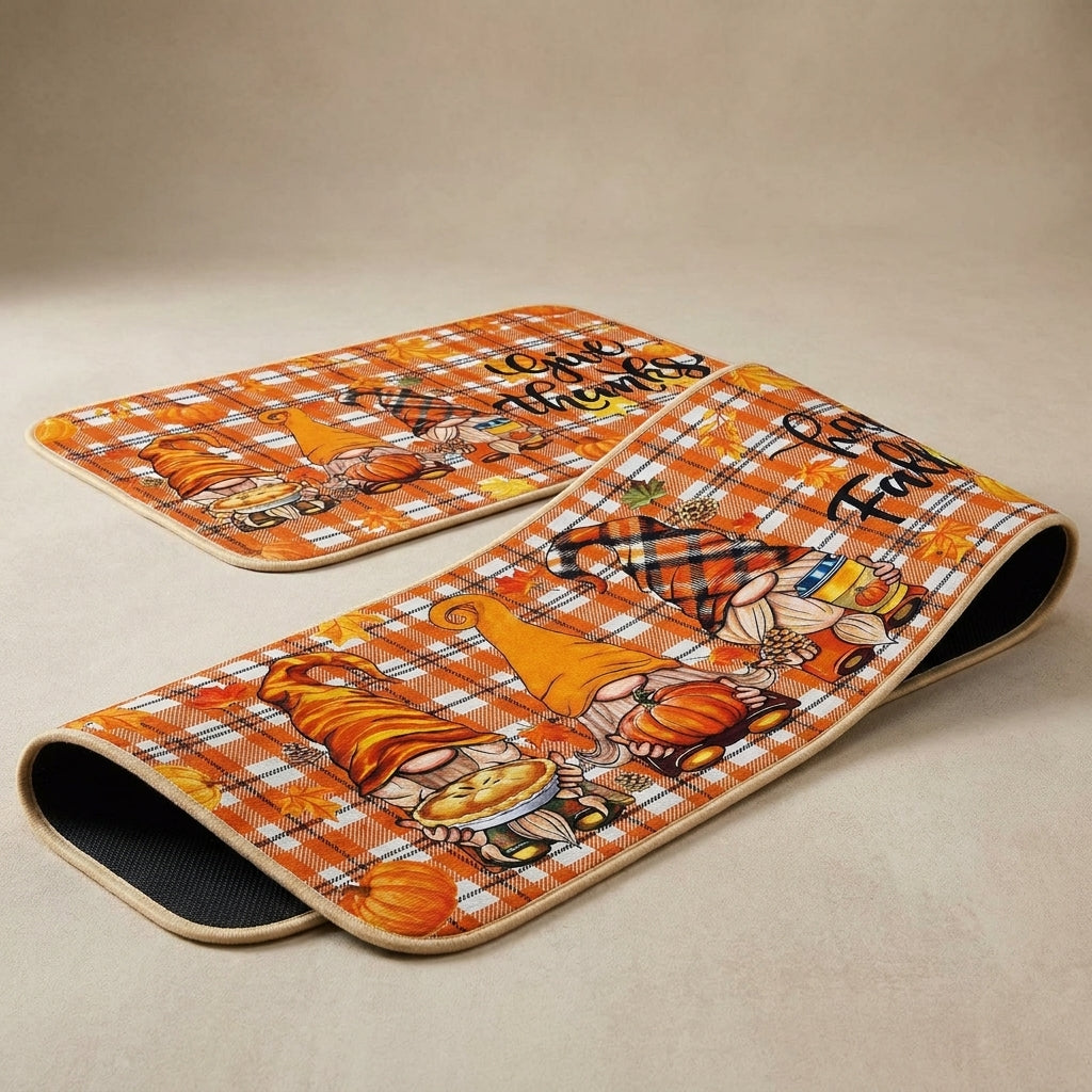 Fall Decor Kitchen Rug Set Non-Slip Orange Plaid Floor Mat - angle