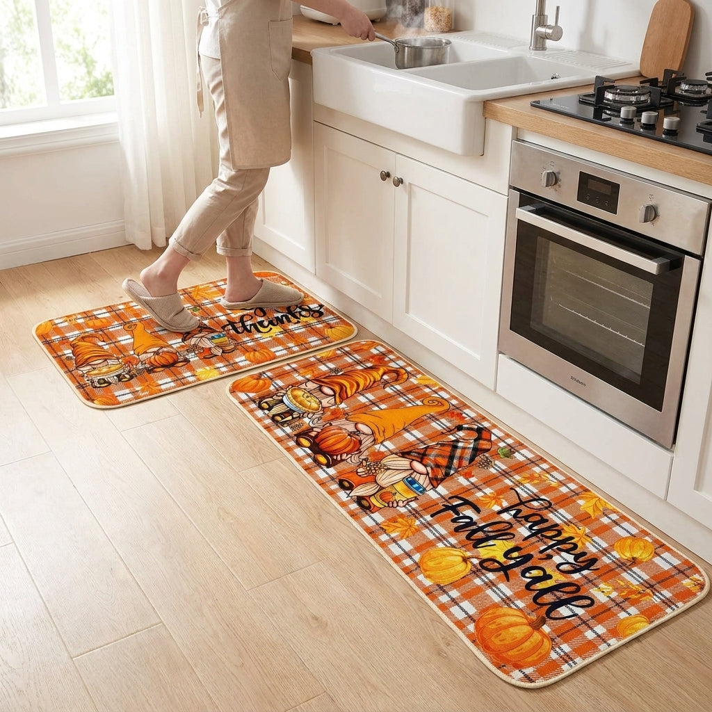 Fall Decor Kitchen Rug Set Non-Slip Orange Plaid Floor Mat - hero
