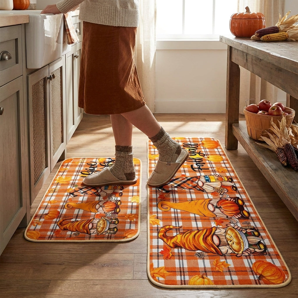 Fall Decor Kitchen Rug Set Non-Slip Orange Plaid Floor Mat - in-use