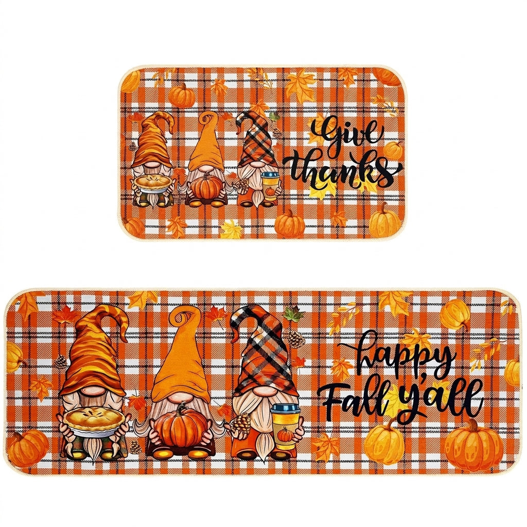 Fall Decor Kitchen Rug Set Non-Slip Orange Plaid Floor Mat - studio