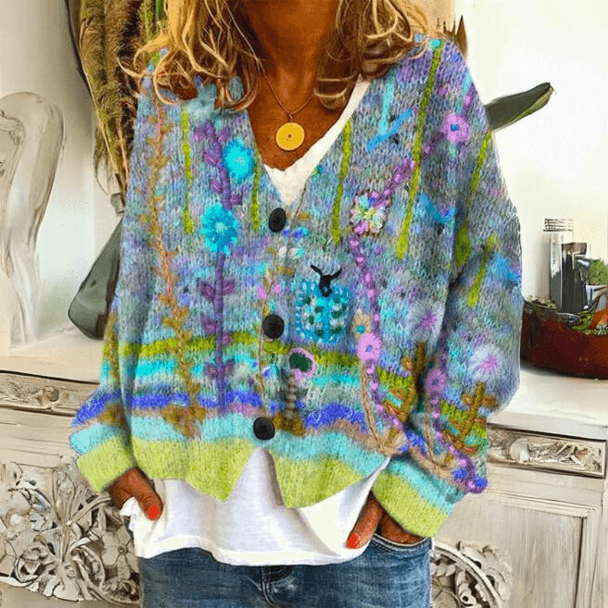 Knit Cardigan Multicolor Floral Embroidery V-Neck Button-Front - Image 2
