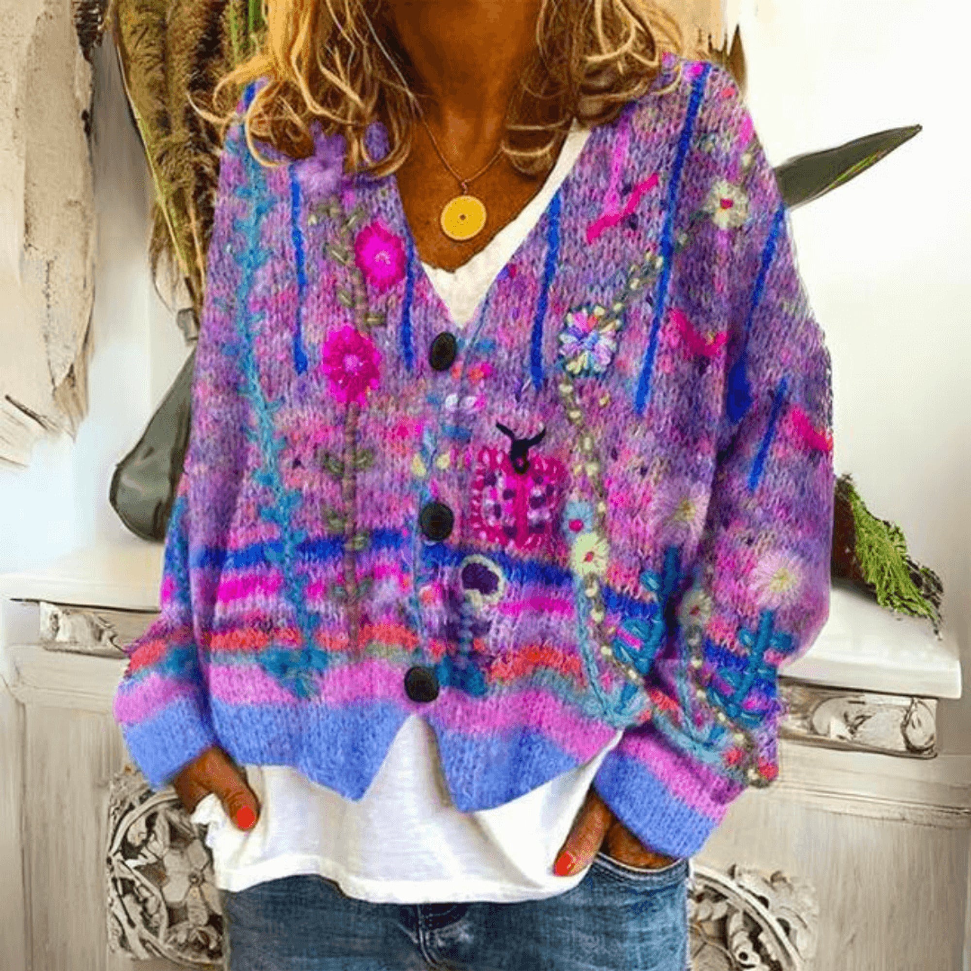 Knit Cardigan Multicolor Floral Embroidery V-Neck Button-Front - Image 4