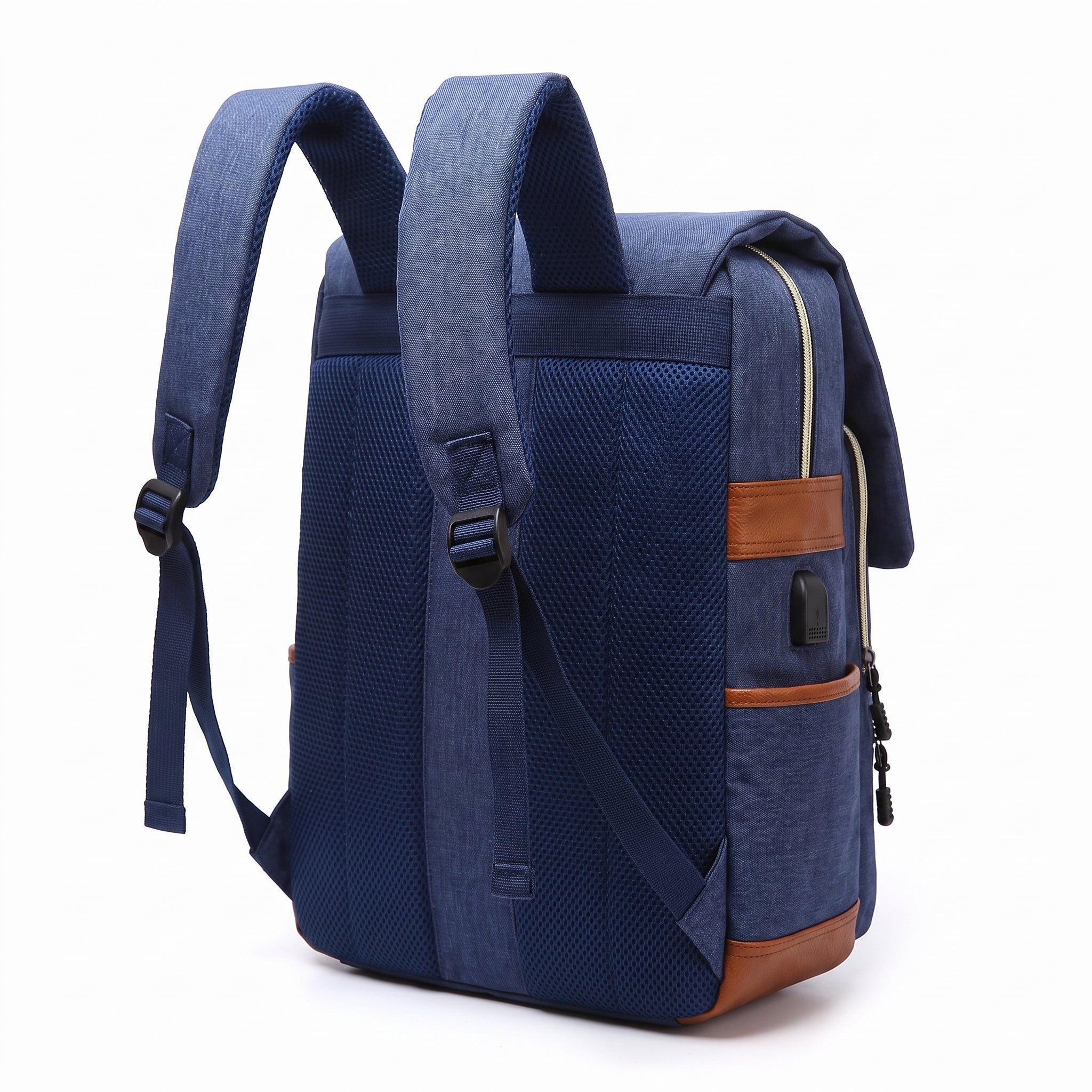 Laptop Backpack Pink And Blue Canvas With Faux Leather Accents - angle