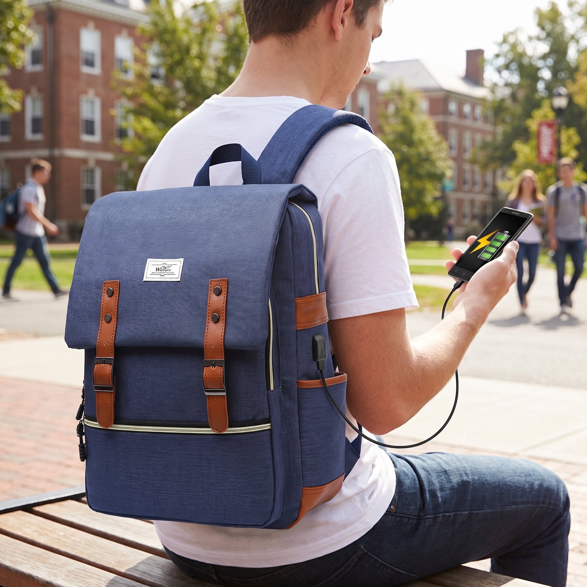 Laptop Backpack Pink And Blue Canvas With Faux Leather Accents - hero