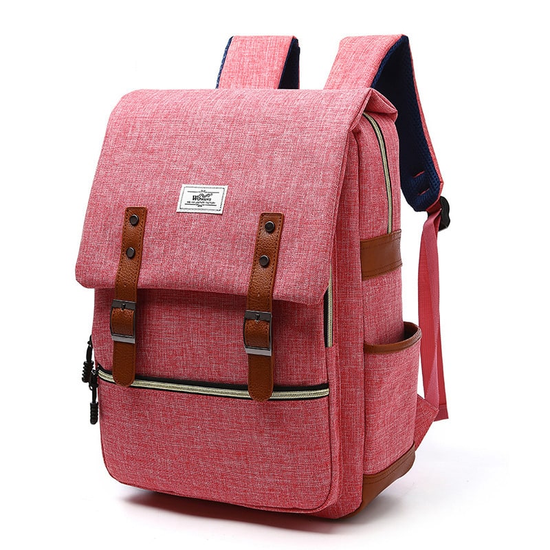 Laptop Backpack Pink And Blue Canvas With Faux Leather Accents - Image 1