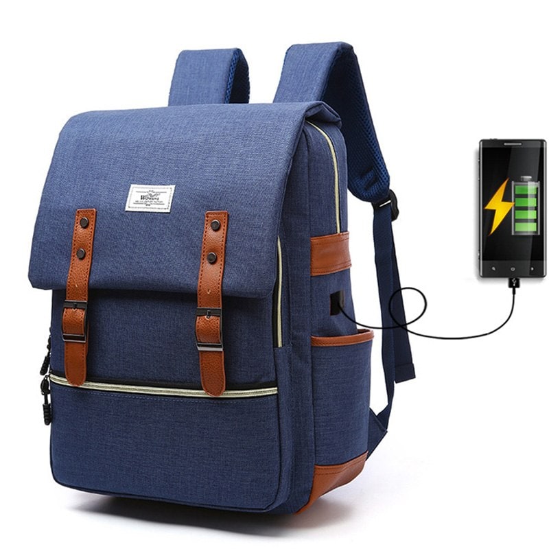 Laptop Backpack Pink And Blue Canvas With Faux Leather Accents - Image 4