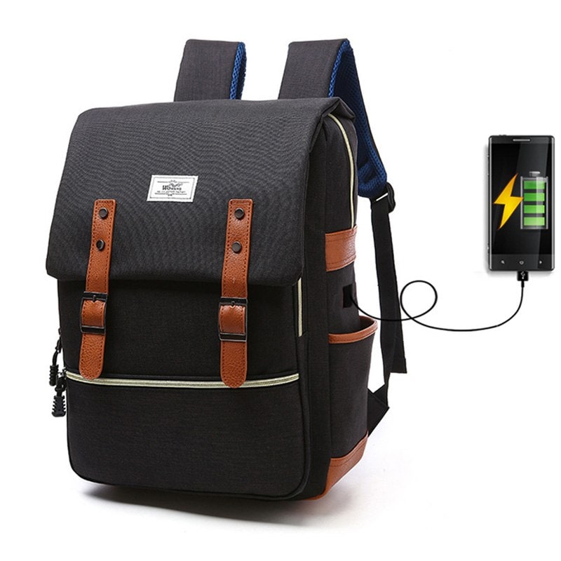Laptop Backpack Pink And Blue Canvas With Faux Leather Accents - Image 5