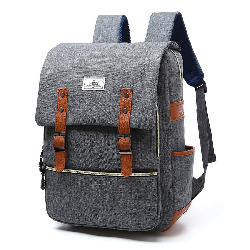 Laptop Backpack Pink And Blue Canvas With Faux Leather Accents - Image 8