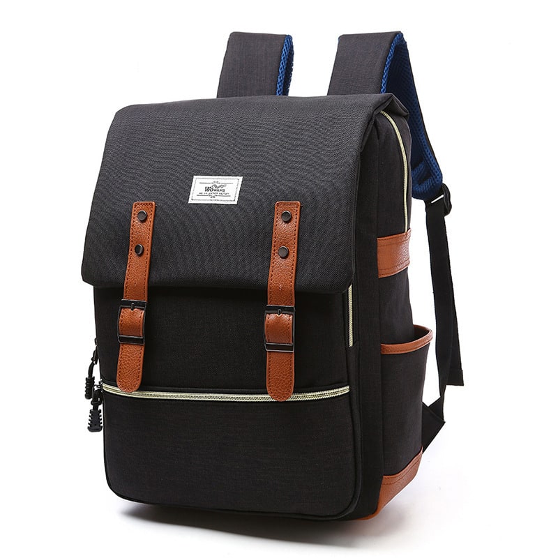 Laptop Backpack Pink And Blue Canvas With Faux Leather Accents - Image 9